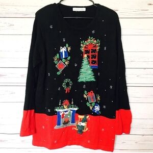 Festive Black and Red Sweater with Holiday Design